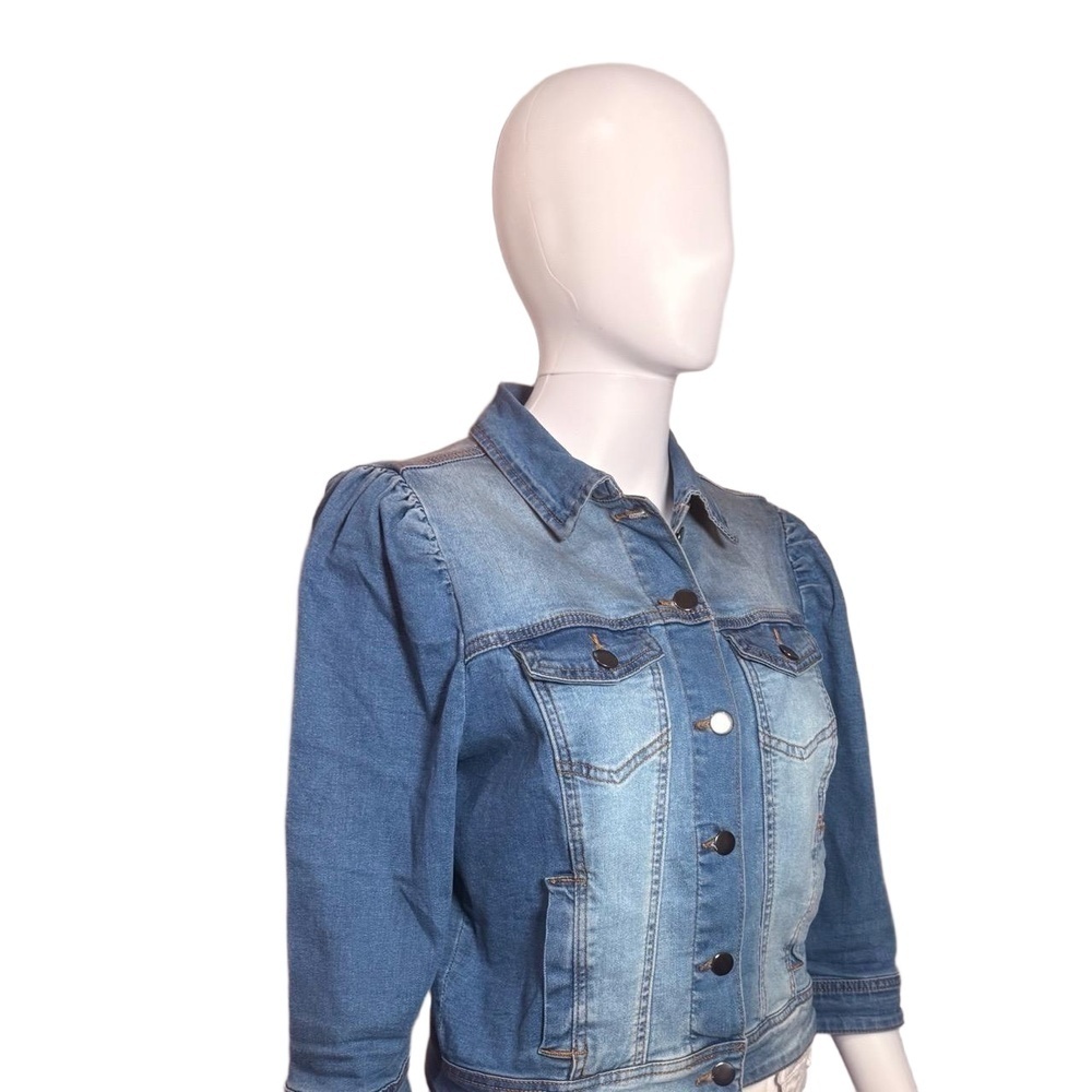 Vetinee Jacket Womens Cropped Blue Denim 3/4 Sleeve Puff Distressed Faded - Picture 4 of 16